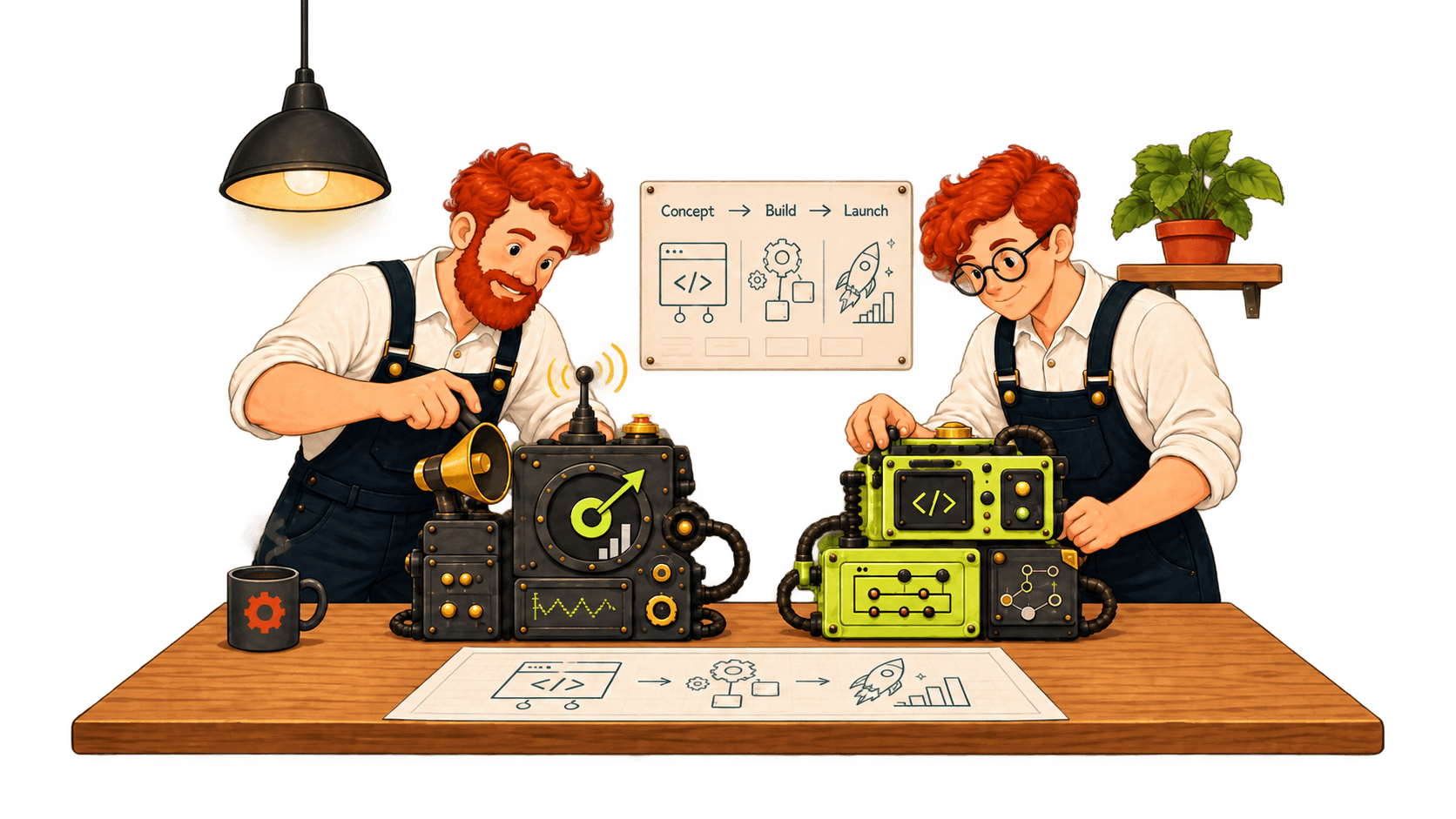 Two makers at a workbench building the RedMechs products